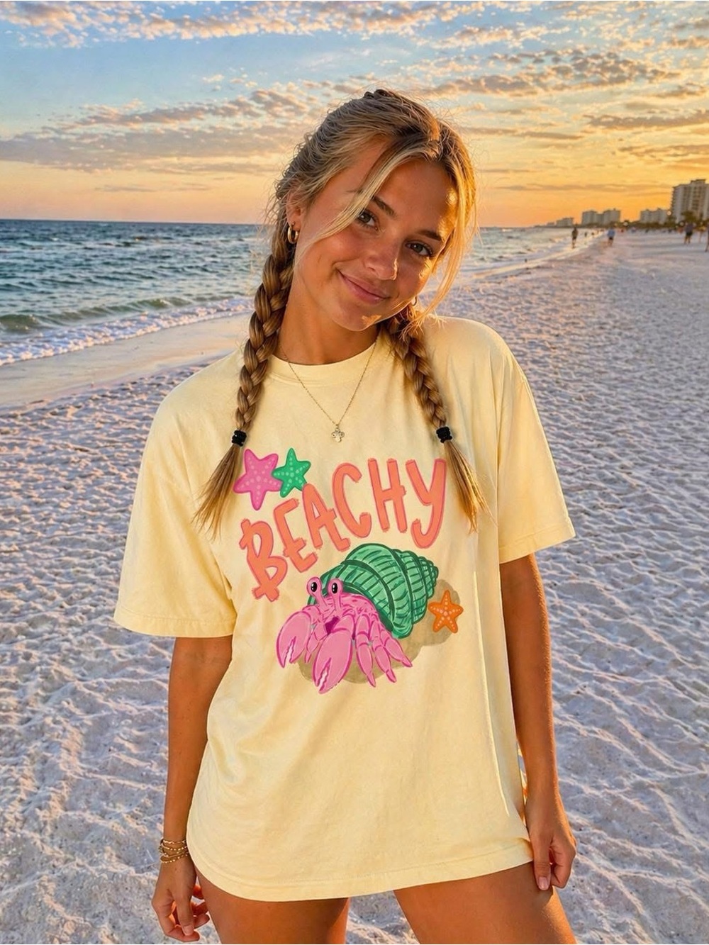 Beachy Graphic Tee - Comfort Colors Yellow with Pink & Green Crab 2X 3X